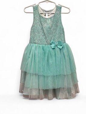 Nannette Aqua Lace Bodice Tiered Tulle Dress with Bow